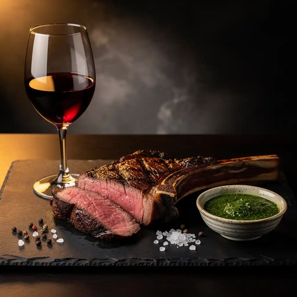 A bold glass of cabernet sauvignon next to a wood-fired tomahawk steak with chimichurri, plated on a dark surface.