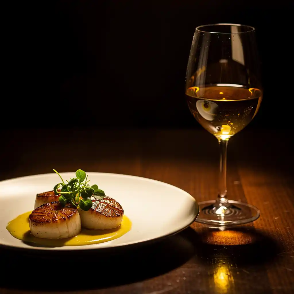 A glass of golden oaked chardonnay beside a plate of seared scallops with lemon beurre blanc sauce, styled for fine dining.