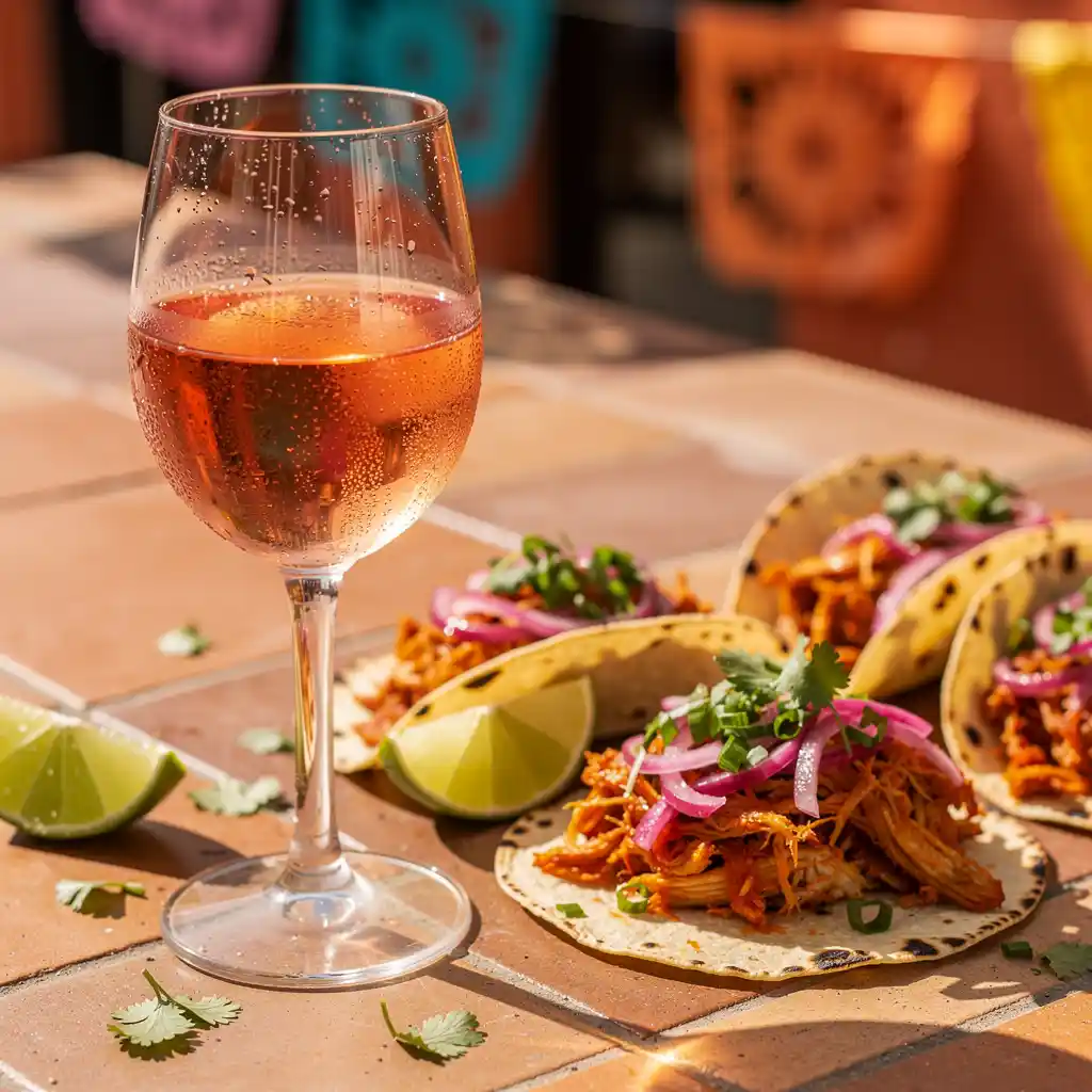 A glass of dry salmon-pink rosé beside a plated cochinita pibil taco spread with bright garnishes and citrus.