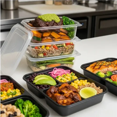 A stack of prepared healthy gourmet meals in lunch boxes on kitchen counter.
