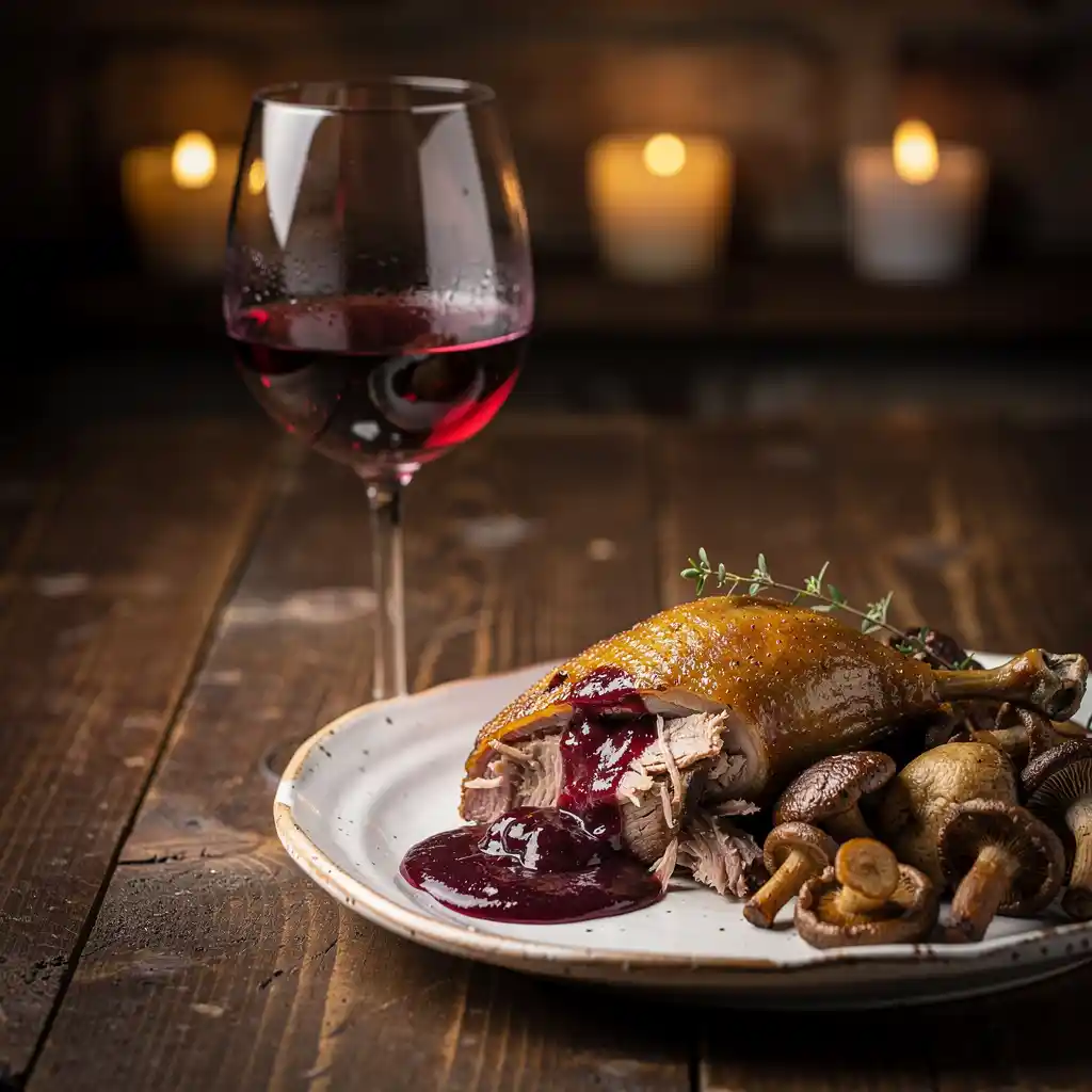 A glass of light ruby pinot noir beside a rustic plate of duck confit with cherry reduction and roasted mushrooms.