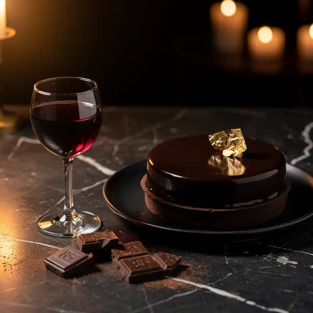 A glass of rich port wine beside a dark chocolate tart with gold leaf, styled for an indulgent dessert course.