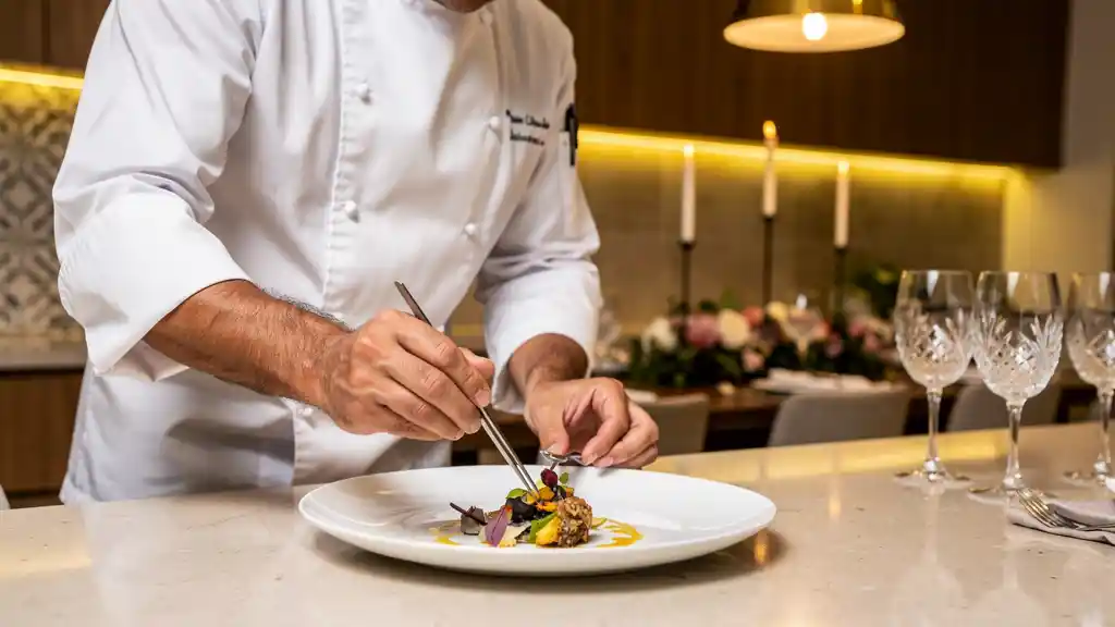 A private chef elegantly plating a multi-course dinner in a beautifully lit Mexico City home kitchen, with wine glasses set on the dining table in the background.