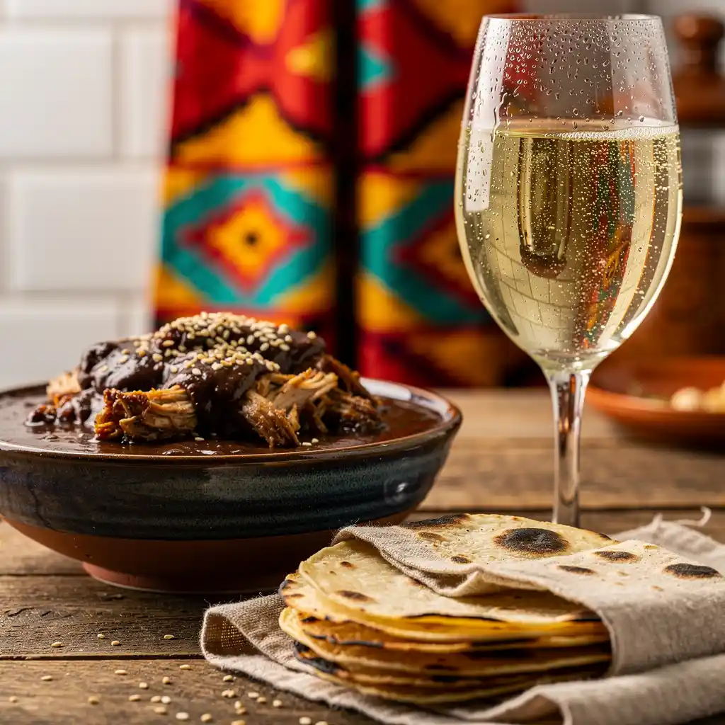 A glass of off-dry riesling alongside a vibrant bowl of mole negro and fresh tortillas, celebrating Mexico City's bold flavors.
