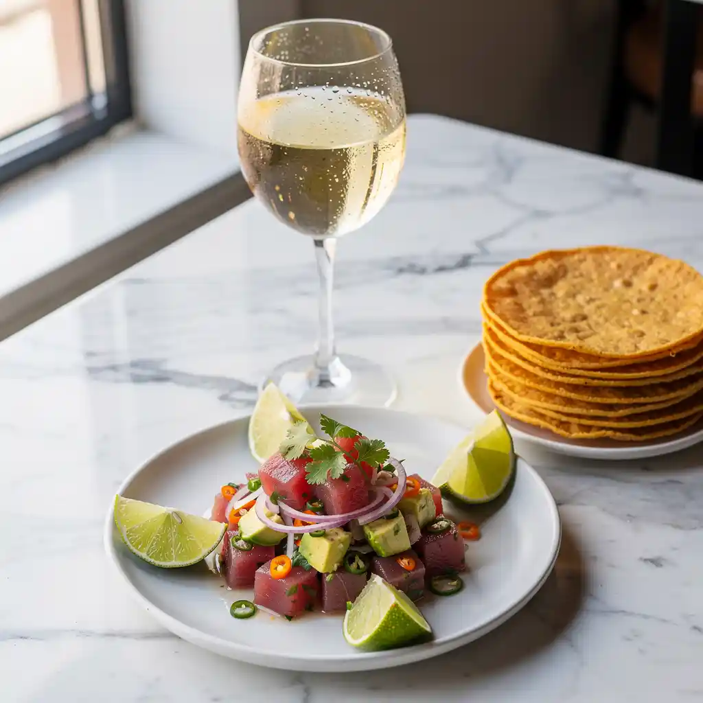 A chilled glass of sauvignon blanc next to a plated ceviche with lime, avocado, and herbs on a bright restaurant table.