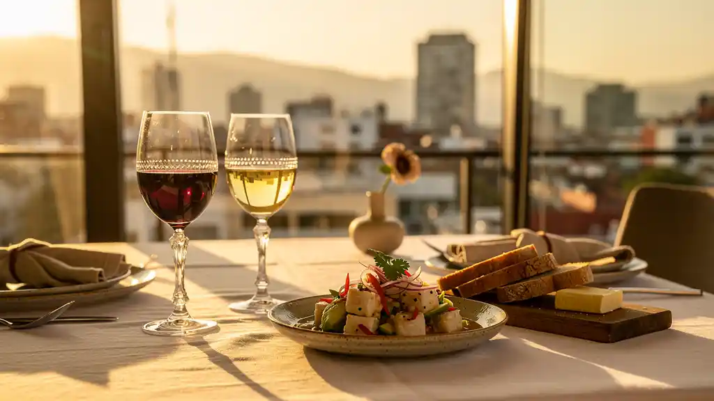 An elegant overhead shot of a dinner table with a wine glass, a charcuterie board, and soft candlelight setting the mood for the guide.
