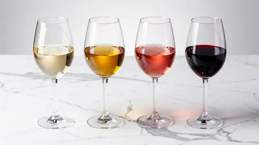 A close-up of four wine glasses side by side, each with a different wine style, illustrating body, acidity, and color variation.