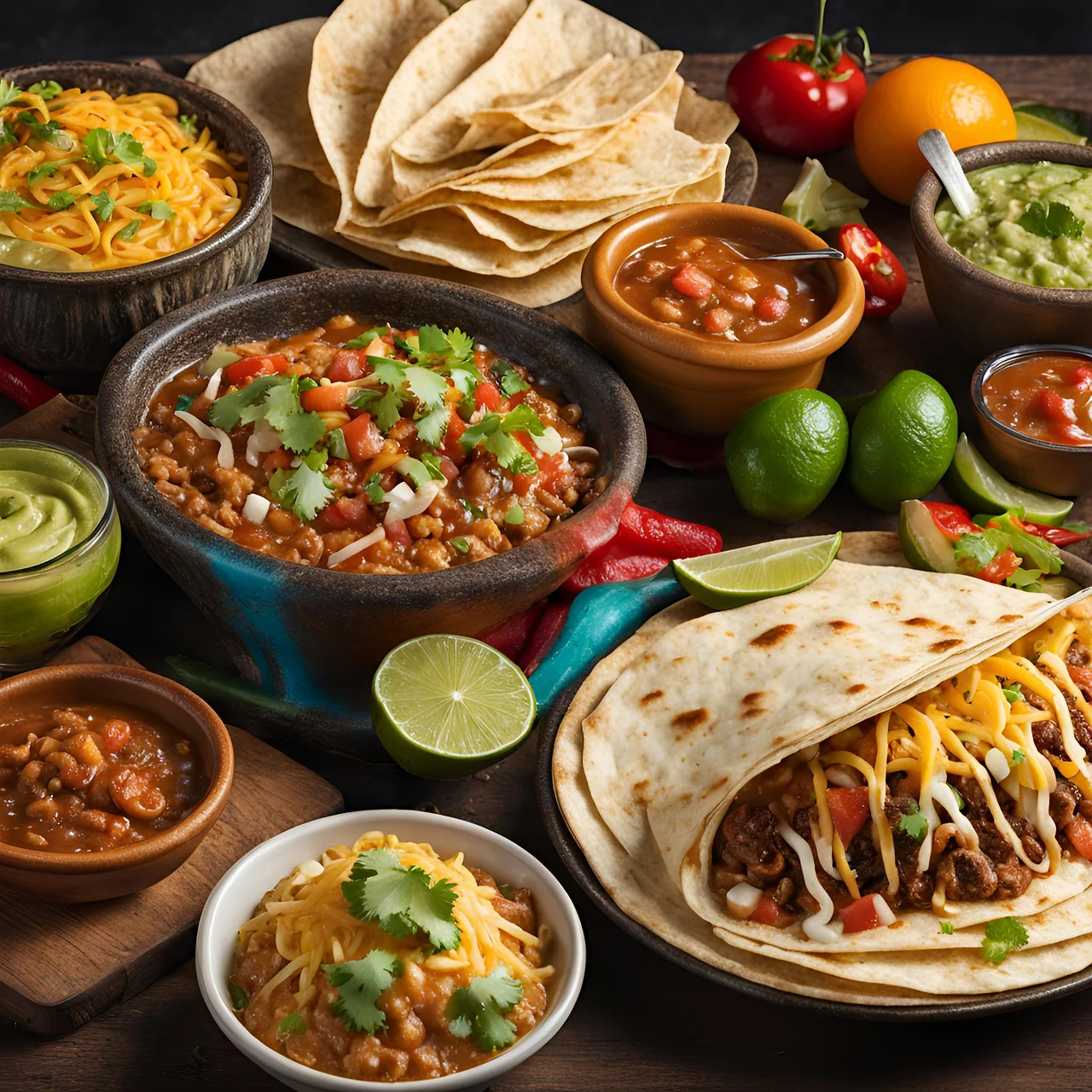 Plates with Mexican burrito and salsa