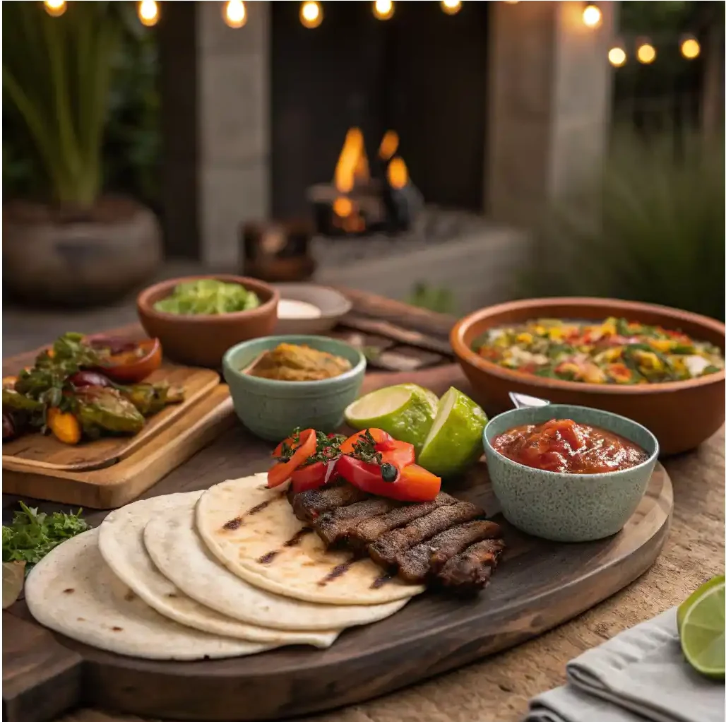 A lively private chef Mexican BBQ and taco night, grilled meats and vegetables served family-style
