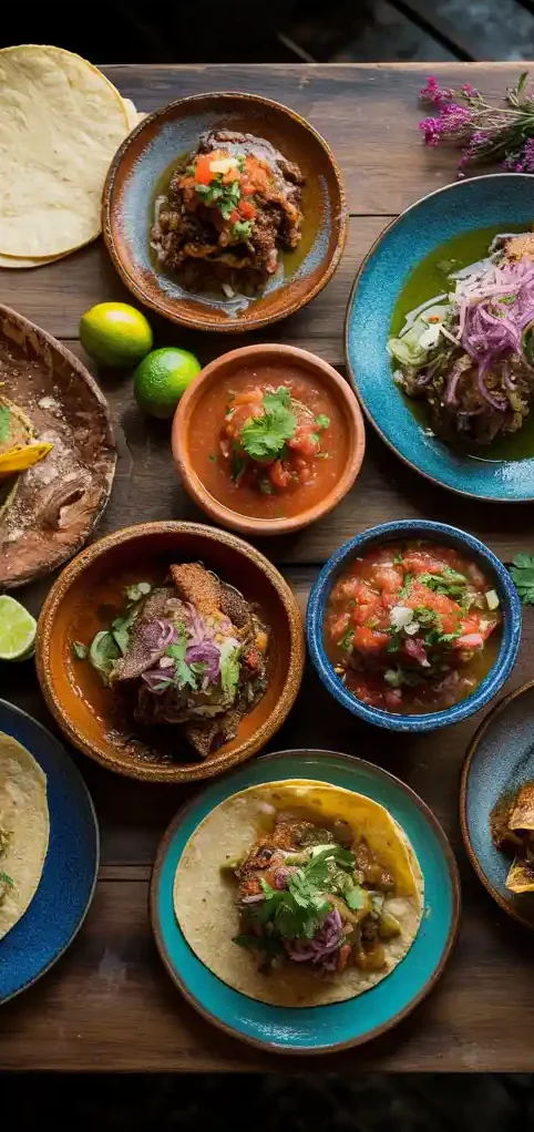 Colorful assortment of tacos on table